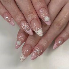 Cyflymder Blue Ribbon Bowknot White Flora Lace Pearl French Nail Art Wearable False Nails Detachable Finished Fake Nails Press on Nails