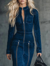 Cyflymder Vintage French Faux Suede Women Elegant Dress Multi-Zipper High Collar Long Sleeve Bodycon Dress Female High Street Long Dresses