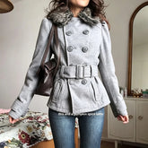 Cyflymder Y2K Women's Faux Fur Collar Wool Coat Fashionable Retro Double-Breasted Waist-cinching Short Coat Long Sleeve Winter Outerwear