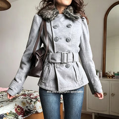 Cyflymder Y2K Women's Faux Fur Collar Wool Coat Fashionable Retro Double-Breasted Waist-cinching Short Coat Long Sleeve Winter Outerwear