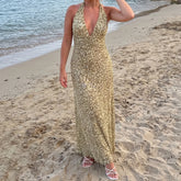 Cyflymder Halter Maxi Dresses Women Floral Backless Beach Vacation Long Dresses Bodycon Y2k Summer Boho Sexy Sundresses