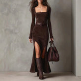Cyflymder Square Collar Suede Slim Dress for Women's Sexy Split Hem Solid Long Sleeve Autumn American Retro Casual Elegant Party Dress