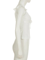 Cyflymder Sweet Bow Bandage Folds Tank Tops Holiday Casual Slim Solid Square Collar V-Neck Tops Women 2025 Summer Fashion Lady