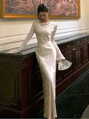 Cyflymder Autumn Evening Dresses for Women Bodycon Wedding Prom Robe Flare Sleeve Swinging Collar French Vintage Midi Vestidos Mujer New