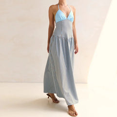 Cyflymder Women Halter Neck Striped Backless Maxi Dress Summer Sleeveless Long Dress Vacations Outdoor Backless Flowy Dress