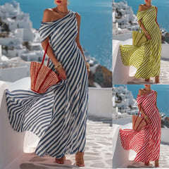 Cyflymder Summer Woman Dress Women' Line Long Striped Dresses Blue White Striped Maxi Dress Beach Vacation High Waist Off Shoulder