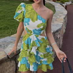 Cyflymder Elegant Hight Waist Slim A-Line Dress Sexy Slanted Shoulder Short Sleeve Bohe Dress Women Fashion Floral Print Hollow Mini Dress