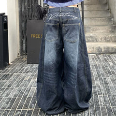 Cyflymder Vintage Harajuku Women Jeans Washed Letter Embroidery Baggy Wide Leg Scimitar Denim Pants Streetwear