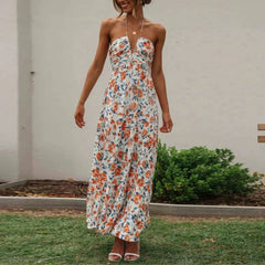 Cyflymder Summer Boho Dresses For Women Halterneck Spaghetti Strap Beach Dress Floral Print Off Shoulder Sleeveless Boho Casual Dresses