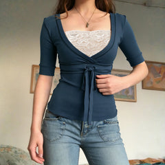 Cyflymder Elegant Fashion Square Neck Lace Patchwork T-shirts Women Slimming With Bow Half Sleeve All Match Top Tee Summer Clothes