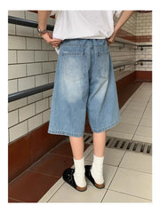 Cyflymder Women's Retro Minimalist Washed Blue Unisex Cropped Cool Girl Baggy Denim Shorts Summer Female Fashion Knee Length Pants