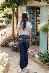 Cyflymder Elegant High Stretchy Skinny Flare Jeans, Leopard-Print Pockets with Studs, Mid Waist Slim Fit- Retro & Stylish Long Length T27