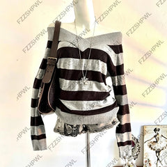 Cyflymder Y2k Off Shoulder Knit Sweater Vintage vibe Stripe Harajuku Punk Pullover Fashion Subculture Long sleeve Top Hotsweet Grunge Goth
