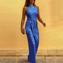 Cyflymder Spring Women's Clothing Sleeveless High Waist Jumpsuit Silver Sequin Dots Elegant Long Romper For Woman Polyester British Style