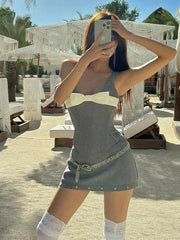 Cyflymder Stretch Sexy 2 Piece Set Women Bows Sleeveless Low Neck Crop Tops+Rivet Skirts Matching Street Party Skinny Clubwear