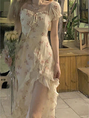 Cyflymder Floral Midi Dress Women French Elegant Lace Fairy Dress Party Beach Style Vintage One Piece Dress Korean Summer Sweet Chic