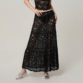 Cyflymder Women Summer Solid Color Long Skirt Casual See-Through Lace Elastic A-Line Skirt for Beach Vacation Club