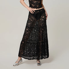 Cyflymder Women Summer Solid Color Long Skirt Casual See-Through Lace Elastic A-Line Skirt for Beach Vacation Club