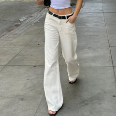 Cyflymder Casual Button-Fly Slimming White Straight Jeans Women's Fashion All Match Full Length Denim Trousers Trend Bottoms