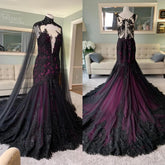 Cyflymder Vintage Black and Purple gothic Wedding Dresses with Cape Illusion Back Fishtail lace applique Mermaid Bridal Gown customsized