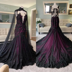 Cyflymder Vintage Black and Purple gothic Wedding Dresses with Cape Illusion Back Fishtail lace applique Mermaid Bridal Gown customsized