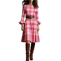 Cyflymder Ladies' Bohemian Style Temperament Pleated Skirt Fashionable Round Neck Plaid Print edRetro Long Sleeved Casual A-line Dress