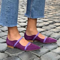 Cyflymder New European Style Pointed Shallow Mouth Double Fine Strap Suede Mary Jane Women's Shoes Big Size 43 Women's Flat Shoes