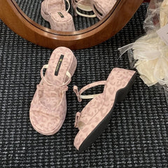 Cyflymder Summer Women Platform Sandals Bowknot Wedge Heel Open Toe Ankle Strap Patent Leather Shoes for Ladies Casual Beach Holiday