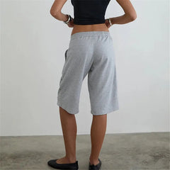 Cyflymder Women Y2K Vintage Sweat Shorts High Waist Drawstring Elastic Waist Side Snap Button Detail Knee Length Bermuda Shorts Streetwear