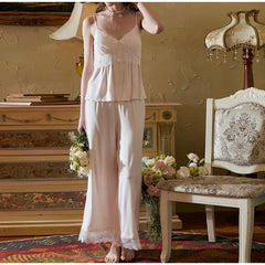Cyflymder French Retro Style with Chest Pad Lace Suspender Pajamas Wide-leg Pants Set Sexy Modal Girl Loungewear Summer