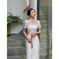 Cyflymder Women Beige Long Cheongsam Lace Transparent Floral Vintage Dress Wedding Costumes Traditional Short Qipao S To XXL