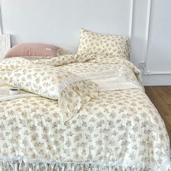 Cyflymder Premium 100% Gauze Cotton Farmhouse Floral Large Ruffles Bedding Set Soft Crepe Duvet Cover Bed Sheet/Fitted Sheet Pillowcases