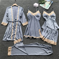 Cyflymder 5 Pieces Silk Pajamas Sets Women Satin Sleepwear Robe Pants Bathrobe Lingerie Lace High-quality Ice Silk Comfort Spring Summer