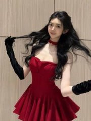 Cyflymder French Elegant Red Sexy Style Dress Women New Year Bow Strap Dresses Fashion Princess Aesthetic Design Sense Party Outfits