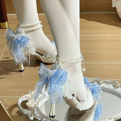Cyflymder white blue elegant woman heels lolita shoes y2k heels white heel lace Mary jane shoes women's wedding shoe bridal heels