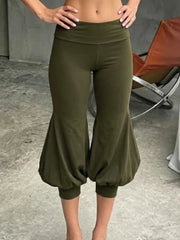 Cyflymder Solid Color Irregular Cuff Lantern Cropped Pants Low Waist Slim Women Simple Bloomers Casual Streetwear Summer Trousers