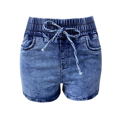 Cyflymder Women Stretch Lace-up Elastic Waist Denim Shorts Summer High-Waist Three Quarter Pants Female Casual Mini Tight Straight Jeans 4