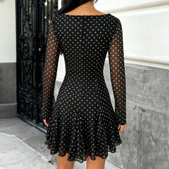 Cyflymder Elegant Lace-Trimmed Polka Dot A-Line Mesh Dress For Women Summer Sexy Y2k Long Sleeve Dress Streetwear 90s Clothes New