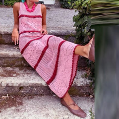 Cyflymder Womens Sexy O Neck Sleeveless Slim Party Dress Casual High Waist Hollow Out Long Dress Summer Striped Print Knitted Beach Dress