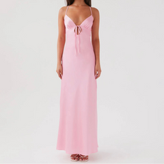 Cyflymder Women Cami Dress Solid Color Sleeveless Tie-Up Front Sleeveless Backless Dress Long Dress Summer Casual Spaghetti Strap Dress