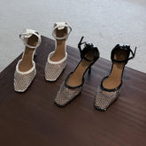 Cyflymder Clear Heels Breathable Square Toe Lace Denim Women's Beige Heeled Sandals Female Shoe 2025 Summer Stiletto Retro Black Girls Hig