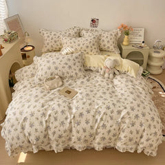 Cyflymder 3/4Pcs Vintage French Fresh Floral Lace Ruffles 100% Cotton Bedding Set Duvet Cover Bed Skirt/Bed Sheet/Fitted Sheet Pillowcases