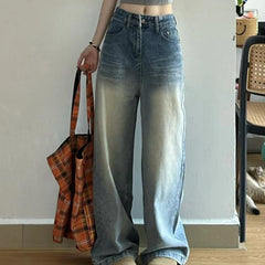 Cyflymder Chic Washed Scratched Wide Leg Jeans Women Vintage Distress Light Blue Straight Denim Trouser Niche Style High Waist Loose Pants