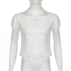 Cyflymder Casual Solid Blouse Basic Slim Deep V-Neck Turn-Down Collar Short Sleeve Shirts Women 2025 Summer Fashion Streetwear