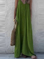 Cyflymder New Summer Solid Color Loose Evening Dress Elegant V-neck Linen Vacation Style Dress Fashion Ruffles Sleeveless Long Sling Dress