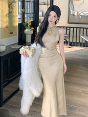 Cyflymder Elegant Gold Sleeveless Long Dress V-Neckline Events Evening Parties Luxurious woman dresses Hot Sexy Flowy Clothing