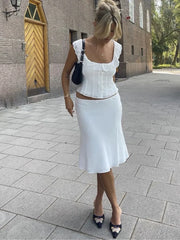 Cyflymder White Lace Summer Women Set Sleeveless Crop Top+midi Skirt Outfits Beach Holiday Chic Vintage Sundress Dress Set