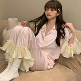 Cyflymder Women Pink Pajamas Set Sweet Lotus Leaf Sleeve Shirt&pants Rayon Homewear Girl Loose Nightwear Pyjamas 2Pcs Outfit Loungewear