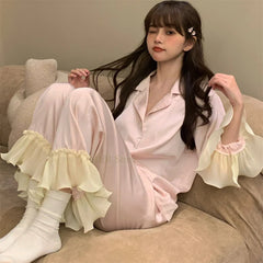 Cyflymder Women Pink Pajamas Set Sweet Lotus Leaf Sleeve Shirt&pants Rayon Homewear Girl Loose Nightwear Pyjamas 2Pcs Outfit Loungewear