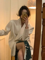 Cyflymder White Satin Suit Jacket Women's New Spring and Autumn Design Sense Elegant Retro Wide Shoulder Blazer